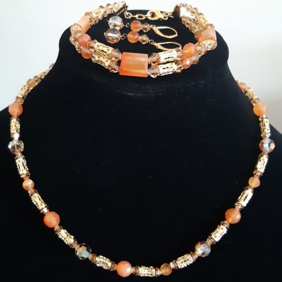 Tsumani Parure: Fire Opal Carnelian, Austrian Crystal and 18K Gold Plated Beads - Picture 1 of 13